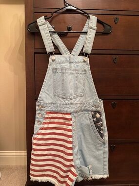 Pink Lily Light Wash Denim Short Overalls with American Flag Patch